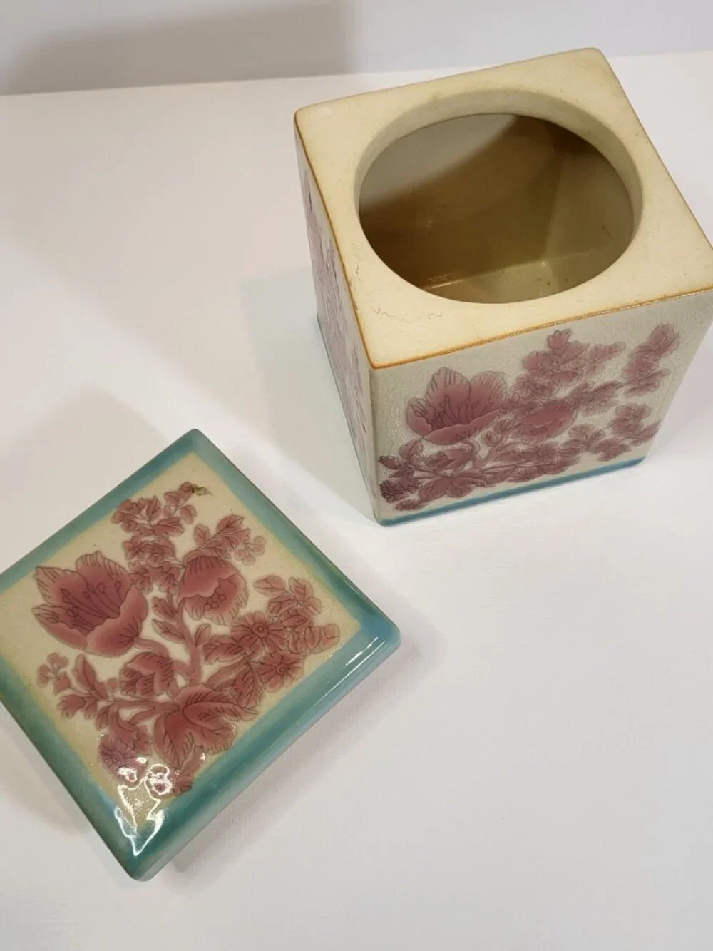 Vintage Pier 1‎ Imports Fiona Canister: Pink Floral Crackle Glaze Ceramic Jar
